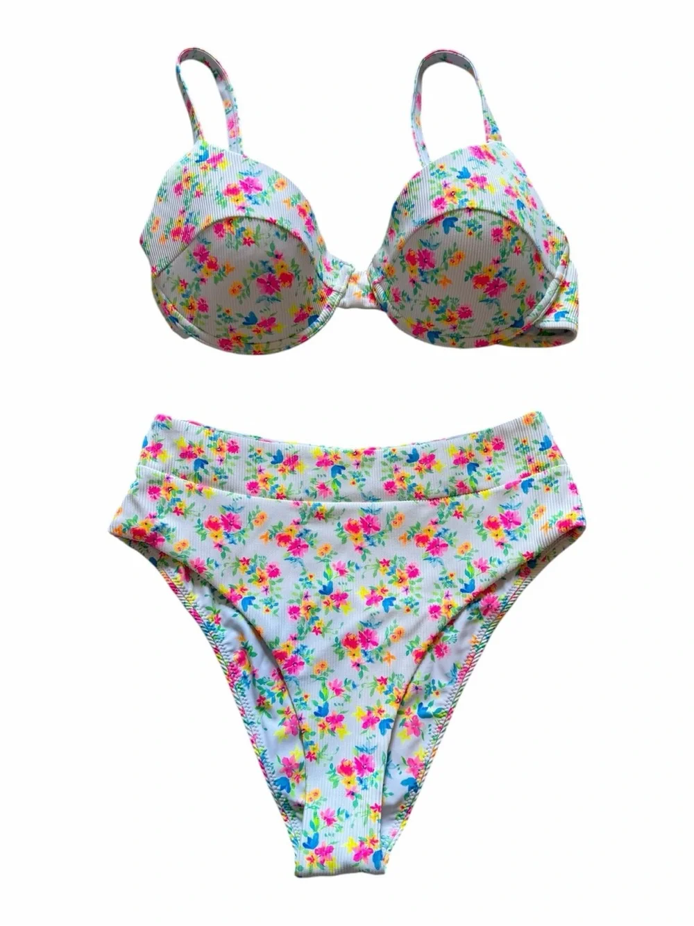 Kulani Kinis White Floral Ribbed High-Waist Bikini - Pink Blue Yellow Green